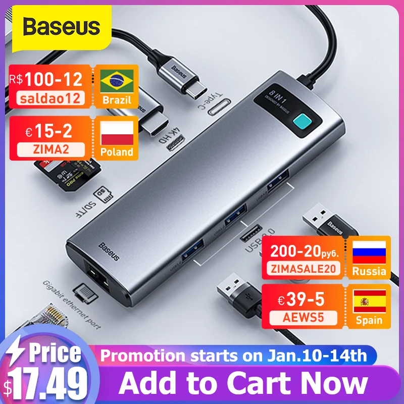 

USB-концентратор Baseus 8 в 1, совместимый с USB 3,0