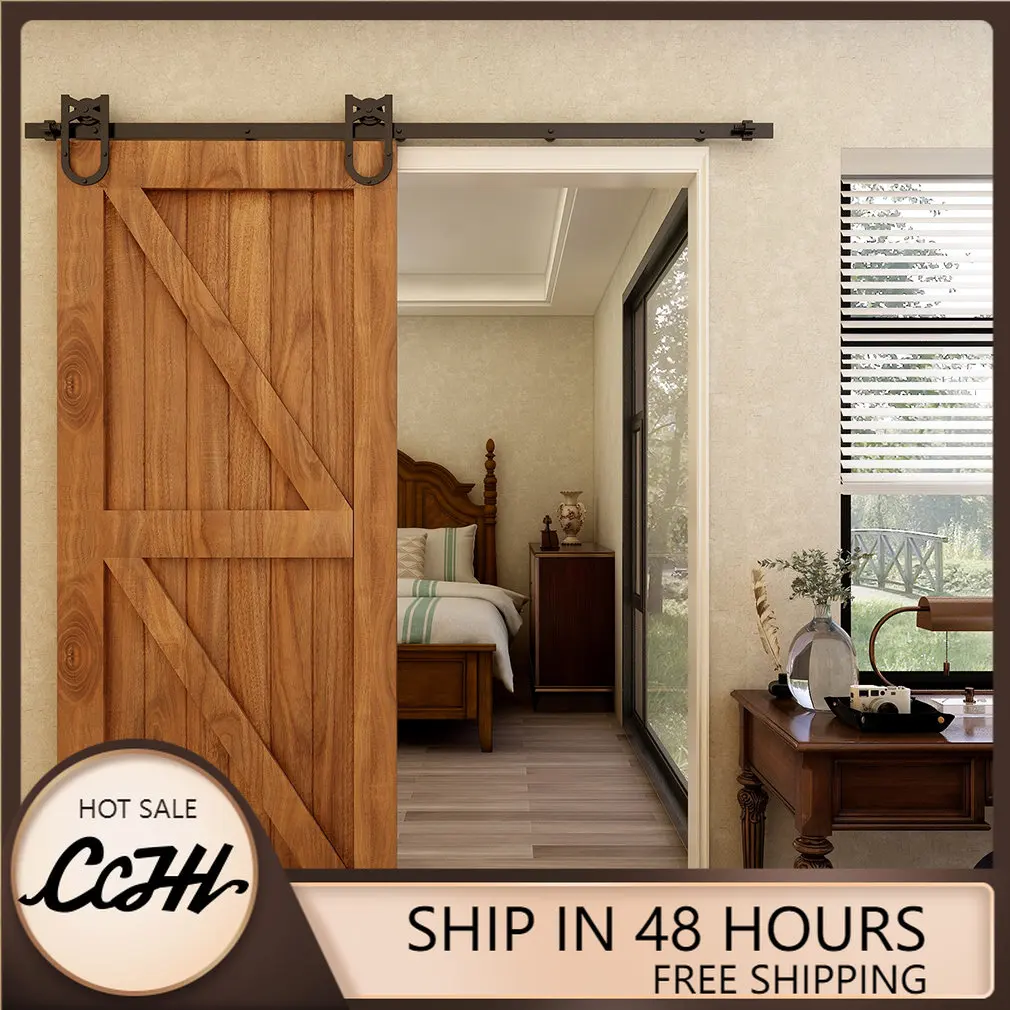 

Sliding Barn Door Hardware Kit 122cm-203cm Rail System Industrial Track Horseshoe Roller Hanger Adjustable Floor Guide 4FT-6.6FT