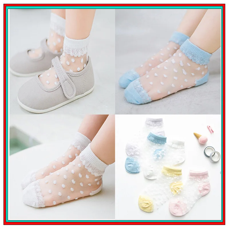 

New 5 Pairs/Lot Summer Girls Socks Lovely Dot Crystal Silk Kids Socking Children Baby Girl Mesh Breathable Elastic Lace Sock