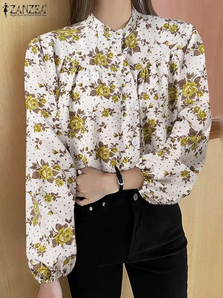 

ZANZEA Womens Long Sleeve Pleated Shirt Floral Print Casual Ruffle Blouse Tops 2#