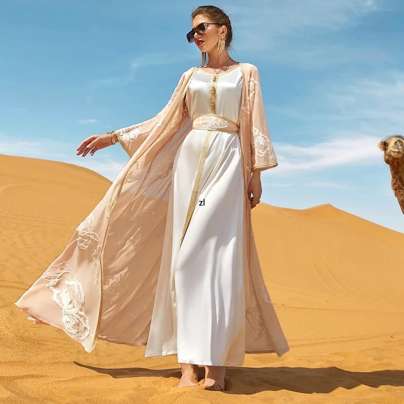 

Women Rose Embroidery 3 Pieces Set Vest Dress Long Cardigan Abaya Tape Trim Belted Kaftan Muslim Dubai Arabic Robes