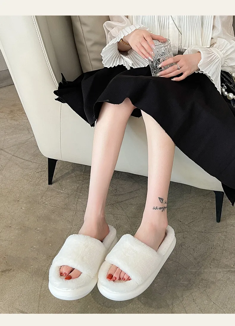 Thick Fluffy Fur Slippers 2022 New Women Winter House Warm Furry Slippers Women Flip Flops Home Slides Flat Indoor Floor Shoes