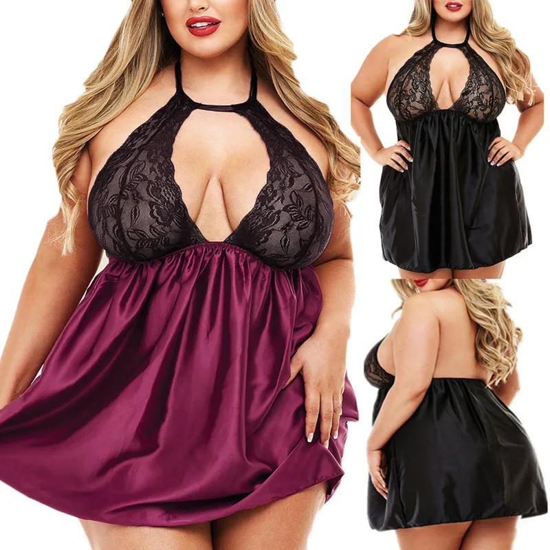 

Foreign Trade Interest Underwear Big Fat Woman Home Sexy Lace Nightgown Perspective Hollow Nightgown Short Skirt 90kg elbise 5XL