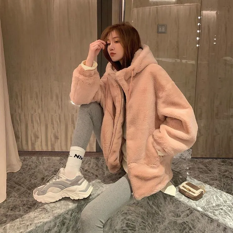 2022 New Winter Women's Lamb Wool Thick Coat Fashion Women's Loose Thick Coat Pure Color Women's Winter Temperament Wool Coat