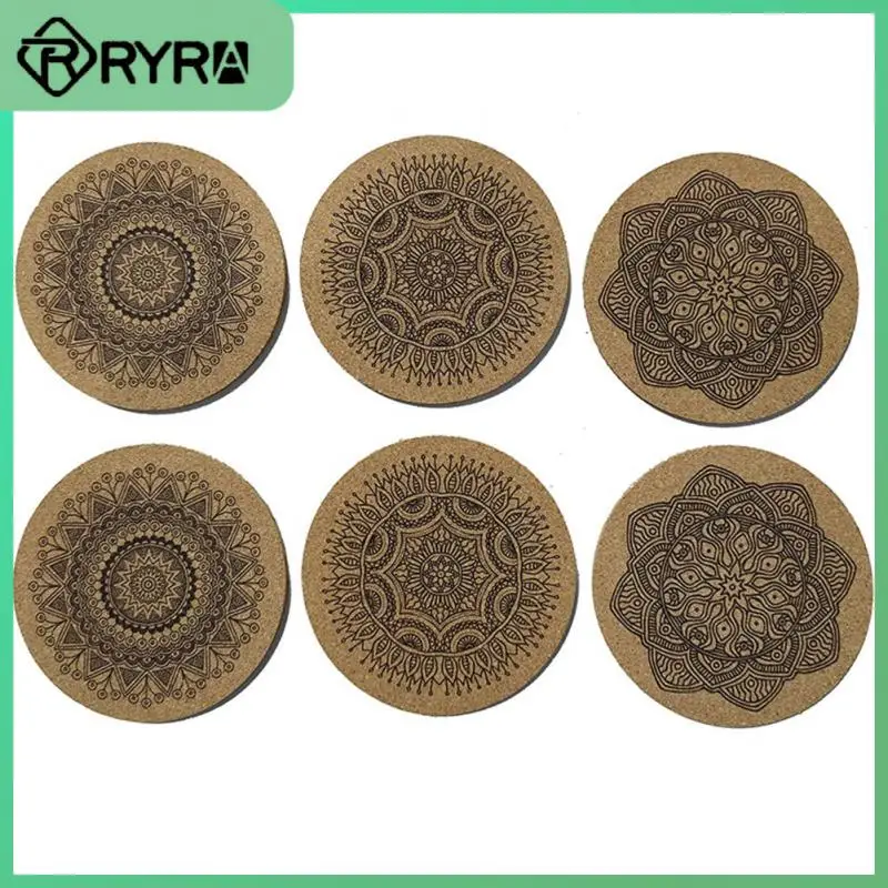 

1 Set Coffee Cup Pad Creative Nordic Mandala Design Wooden Coasters Table Mat Non-slip 6pcs Round Shape Wooden Coasters