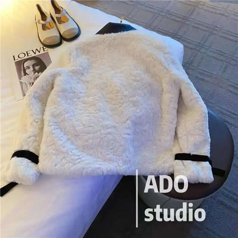 Kawaii Faux Rabbit Fur Cropped Coat Women Korean Fashion Bow Lapel Quilted Cotton Jacket Winter Thick Elegant Fleece Outerwear