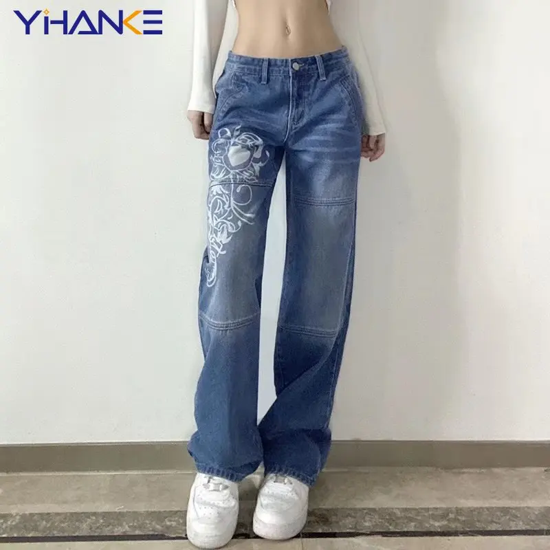 

New European and American Street Style Irregular Printing Loose Jeans Wide Leg Loose Y2K Design Straight Low Waist Trousers
