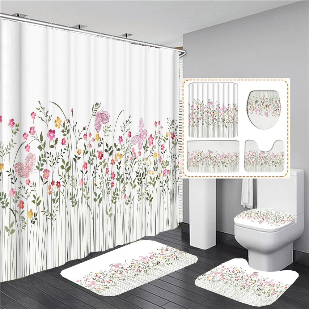 

Butterfly Flowers Print Fabric Shower Curtains Bathroom Curtain Set Flower Anti-skid Rugs Carpet Toilet Lid Cover Bath Mat Sets
