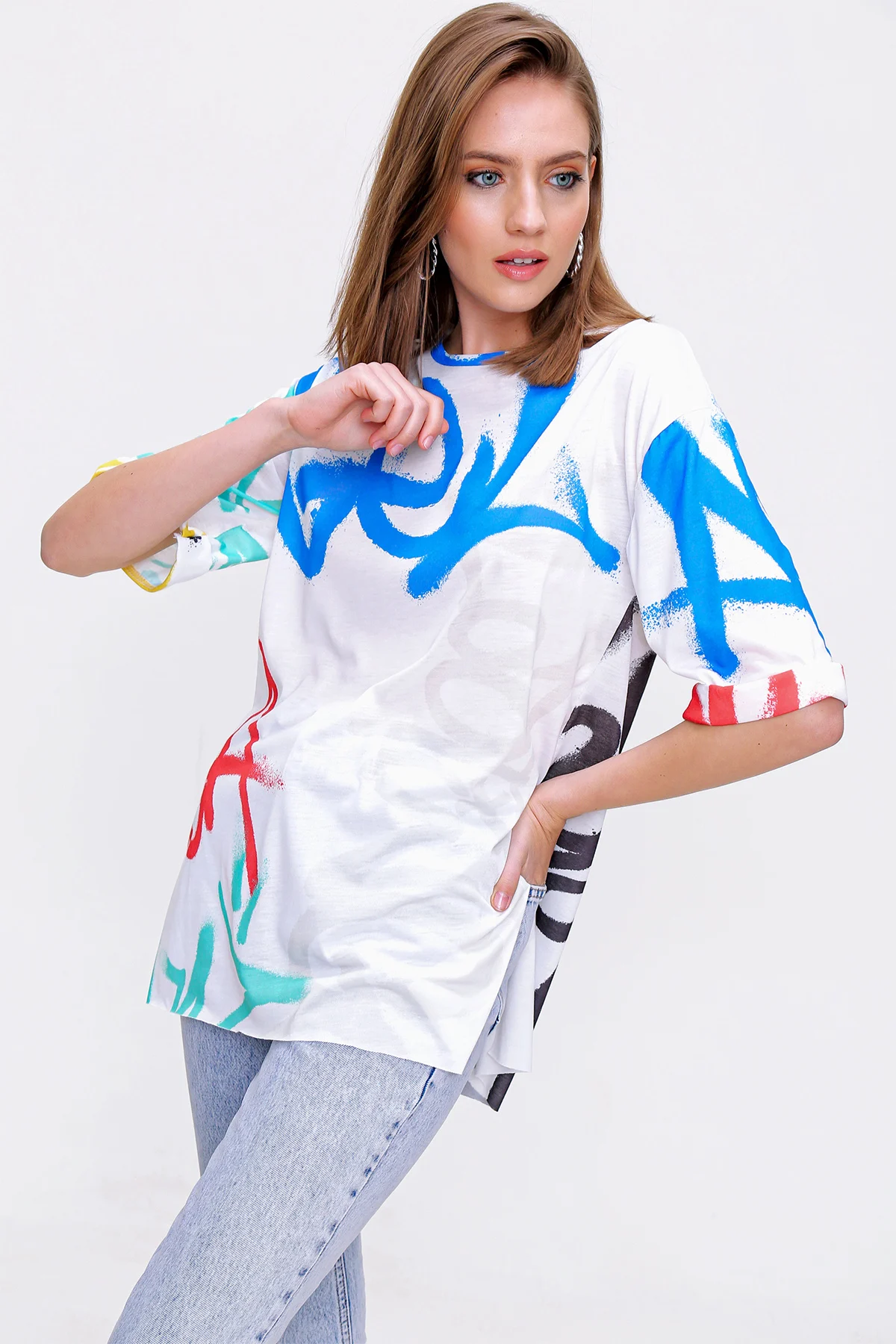 With a slit Oversize Tshirt 2021 Summer Spring Women 'S T-shirt Fashion Tops Sexy Print Ladies top