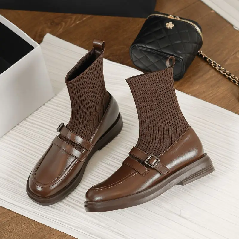 Retro Style Small Leather Shoes Women Boots Fashion Modern Stretch Boots Ladies Casual Platform Shoes New Spring Autumn Boots