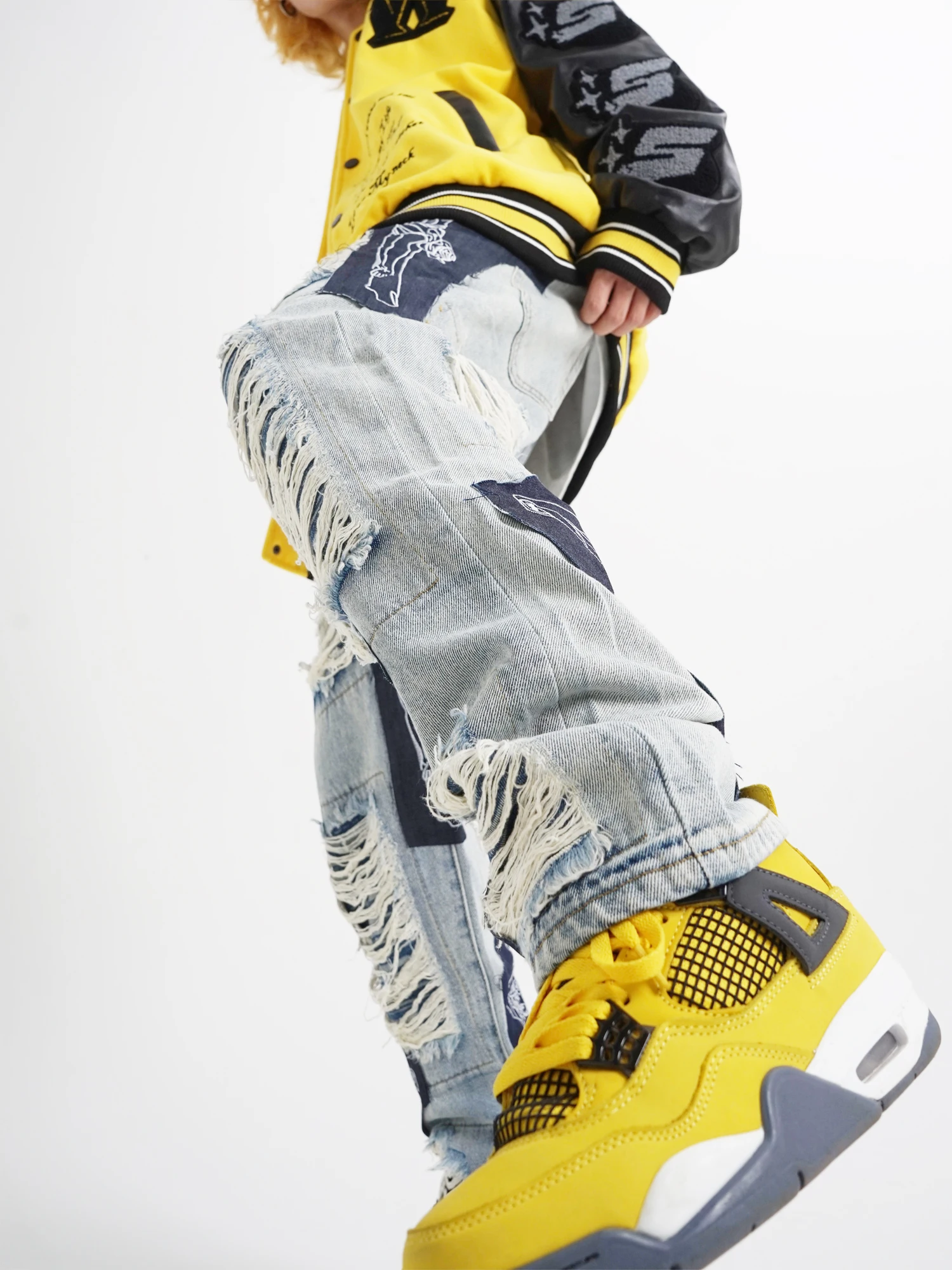 Men's Vintage Ripped Jeans Clothes Spring Y2K Fashion Trousers Cross Splicing Streetwear Straight Baggy Pants for Men Men Pants