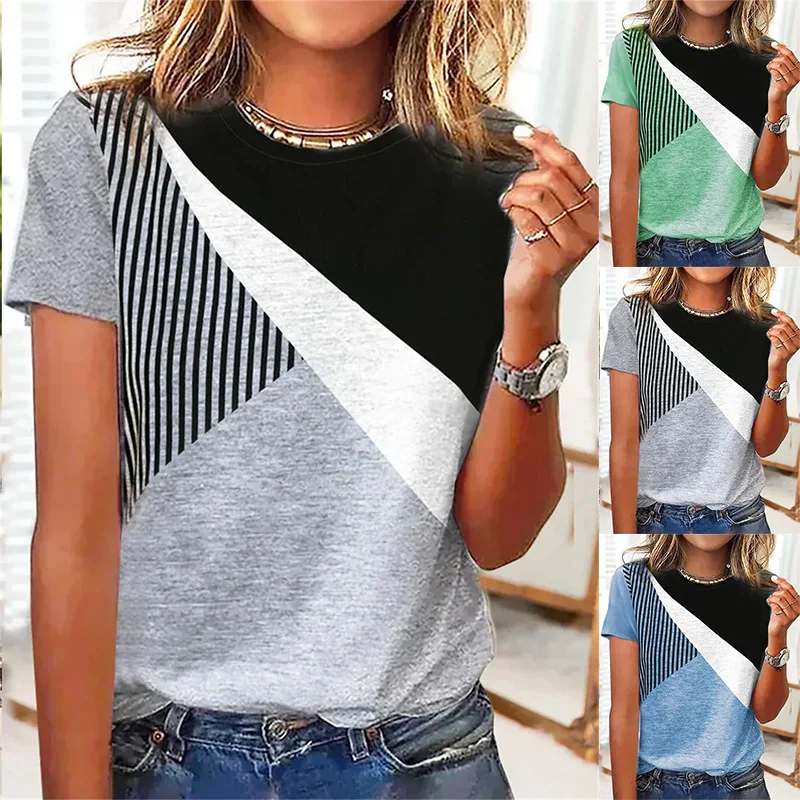 

2023 Summer Women's Geometric Print Short Sleeve Round Neck T-shirt Fashion Casual All-match Female & Lady Tops Shirts
