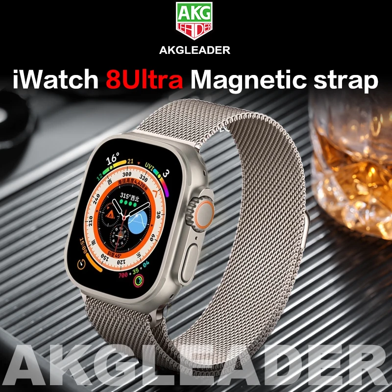 

AKGLEADER Stainless Steel Strap Titanium Color Magnetic Strap for Apple watch 8Ultra Series Watchbands iwatch 8 Strap