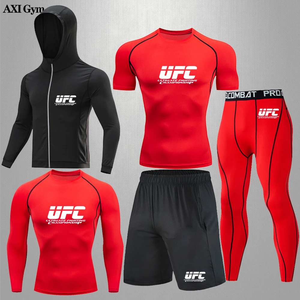 

Cycling Jogging Compression Bodybuilding Sports Suit Men's Boxing Taekwondo Quick-Drying Fitness Suit Rashguard Mens 5Piece Suit