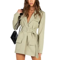 women v neck blazer dress solid long sleeve office lady suit y2k tailored collar suit jacket with belt pocket
