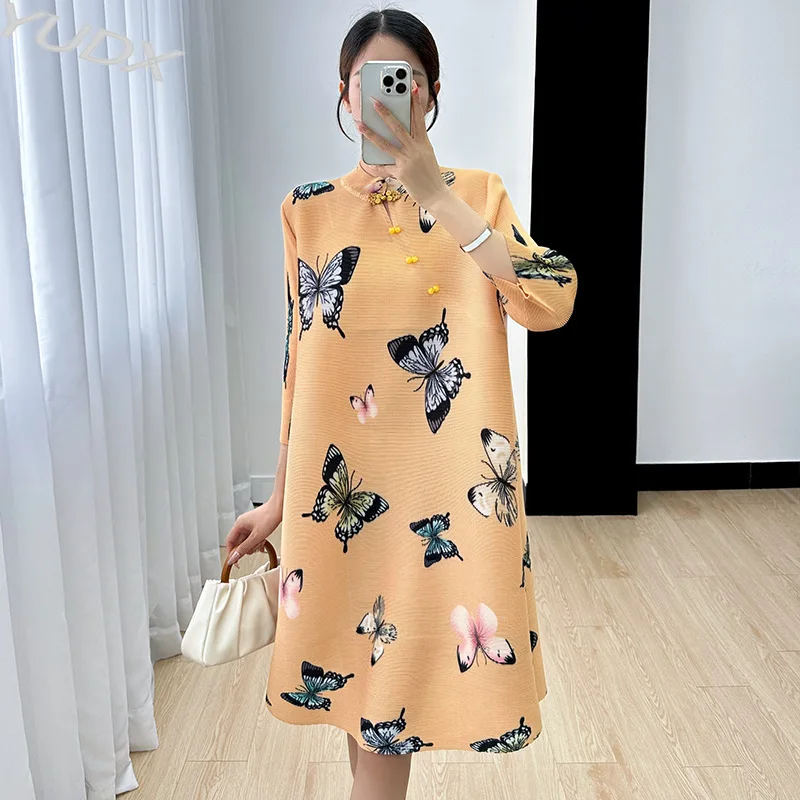YUDX Miyake New Improved Cheongsam Dress Women 2023 Summer Thin Fashion Butterfly Print Pleated Ruffled Collar Plate Dress