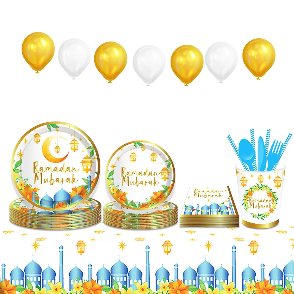 

EID MUBARAK Muslim Ramadan Party Paper Disposable Tableware Sets Plates Balloon Tablecovers Festival Party Backdrops Decorations