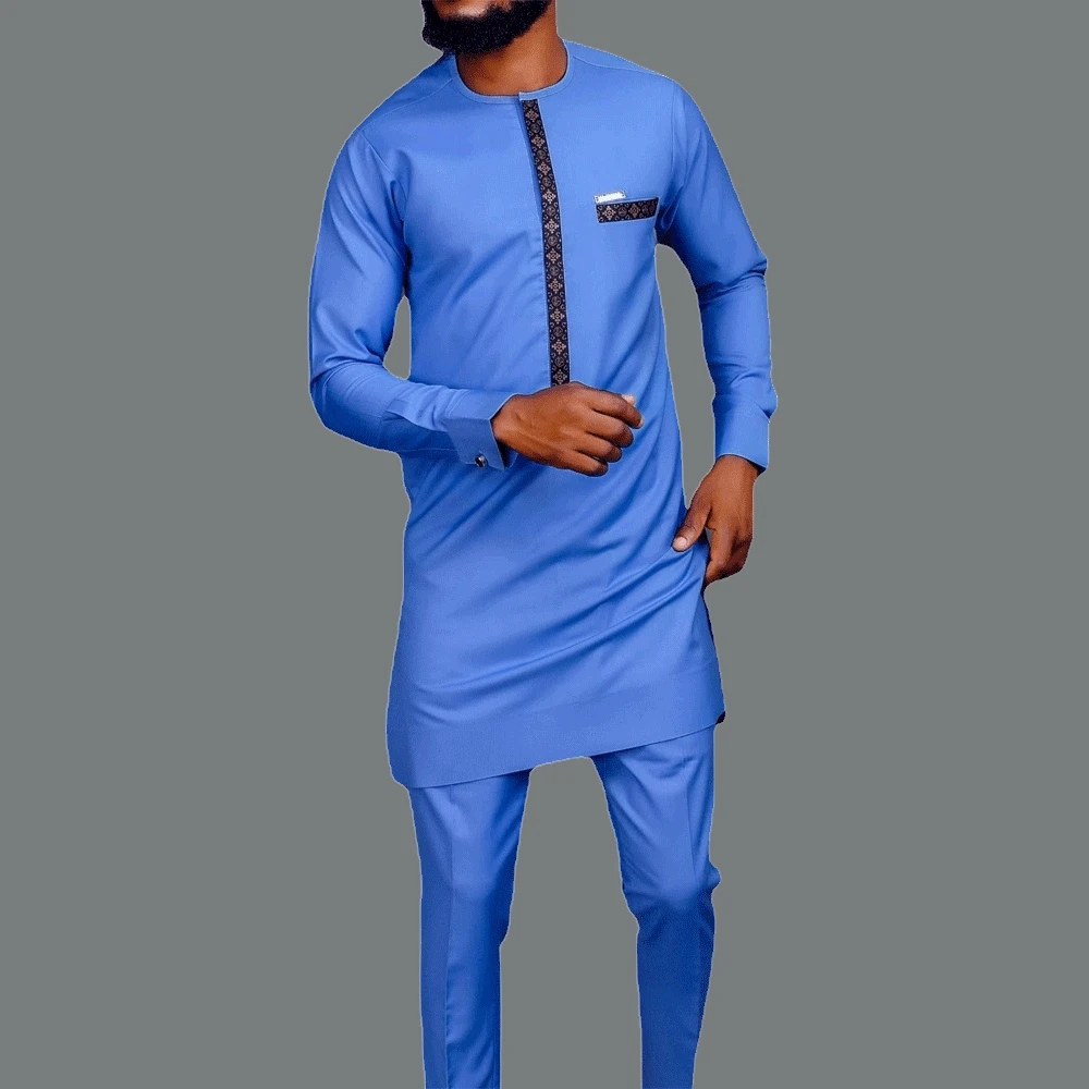 Dashiki Ethnic Men's Suit African Shirt Pants Solid Color Two Piece Stes Print Top Trousers Banquet Party Long Sleeves Men Suit