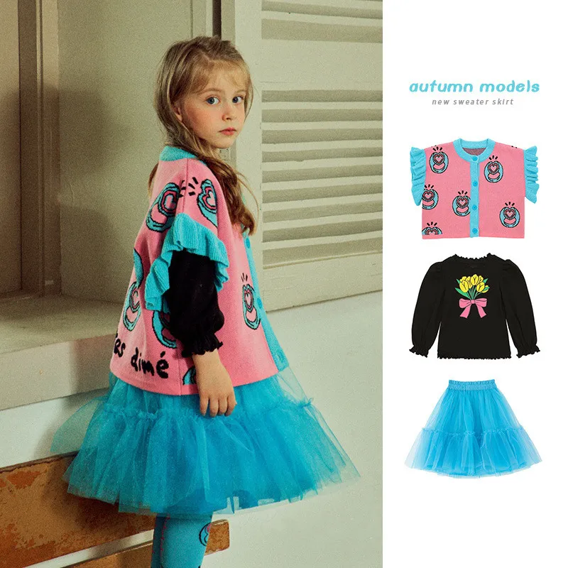 

Korean Kid's Girls Vest Sweatshirts Dress 2022 Autumn Female Sleevless Knitted Waistcoat Skirt Children's Clothing of 12 Years