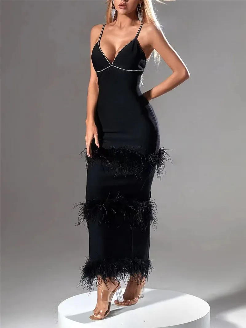 

Женское длинное Бандажное платье, черное платье на бретелях-спагетти с V-образным вырезом и стразами, вечернее платье знаменитости с перьями, лето