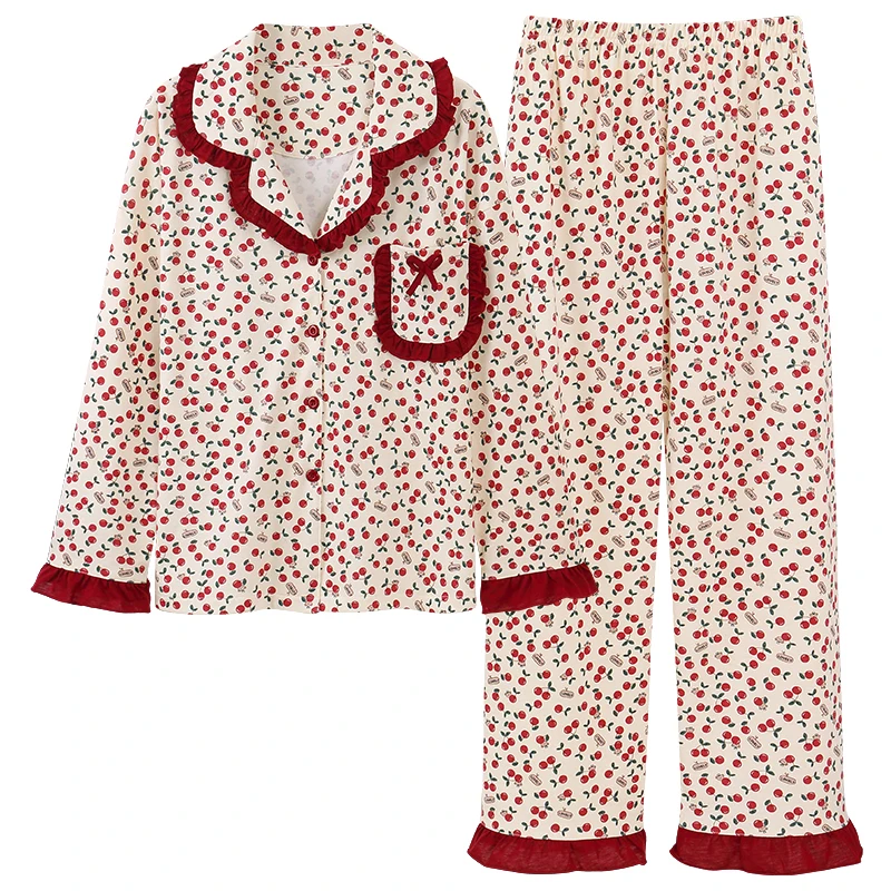 

Women Turn-down Collar Pajamas Set Spring and Autumn Knited Cottton Long Sleeve Pyjamas Female Floral Pijamas