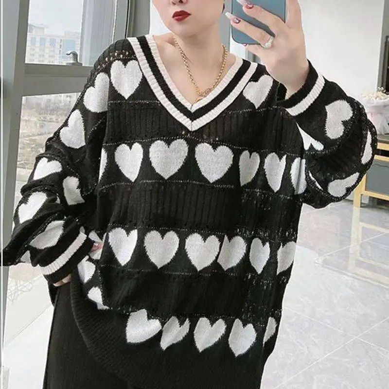

Size 6XL 150kg Autumn Thin Women's Hearted Pullover Sweater Hollow Out Knitted V Neck Long Sleeve Long Sleeve Sweater