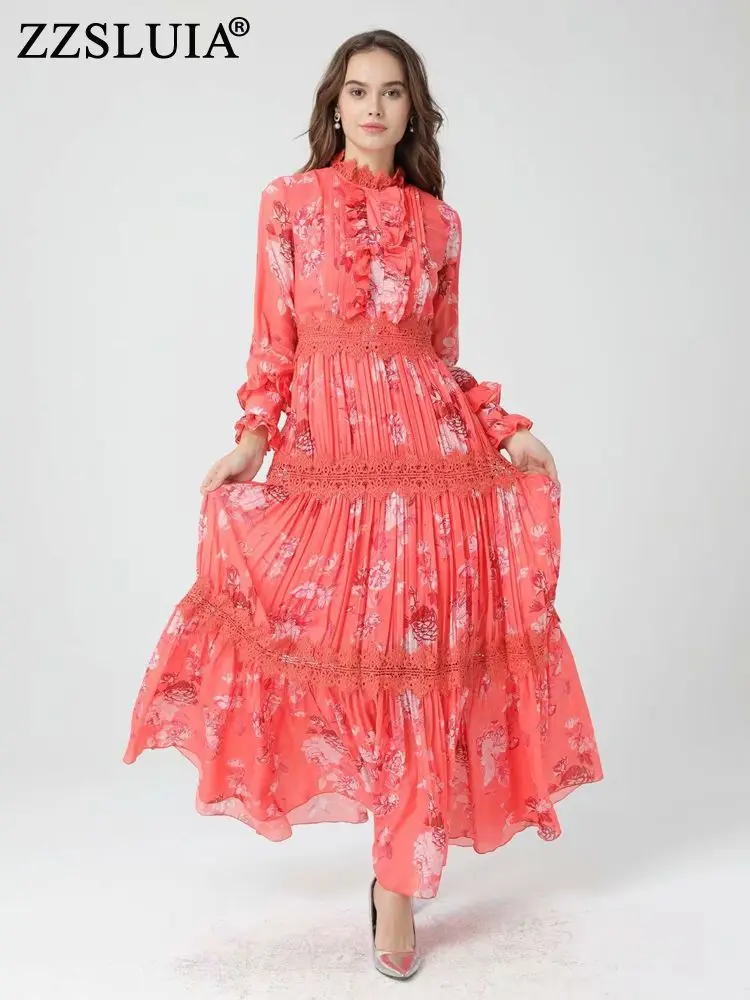 

ZZSLUIA Women's Elegant Dresses Flower Printed Edible Tree Fungus Designer Slim Maxi Long Dress Fashion Embroidery Female Cloth