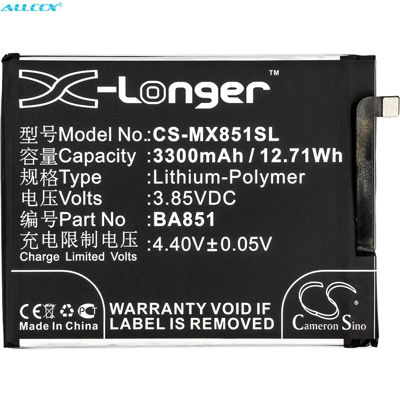 

Аккумулятор Cameron Sino 3300 мАч BA851 для Meizu/Meilan E3, E3 с двумя SIM-картами, M851M, M851Q, mblu E3 с двумя SIM-картами