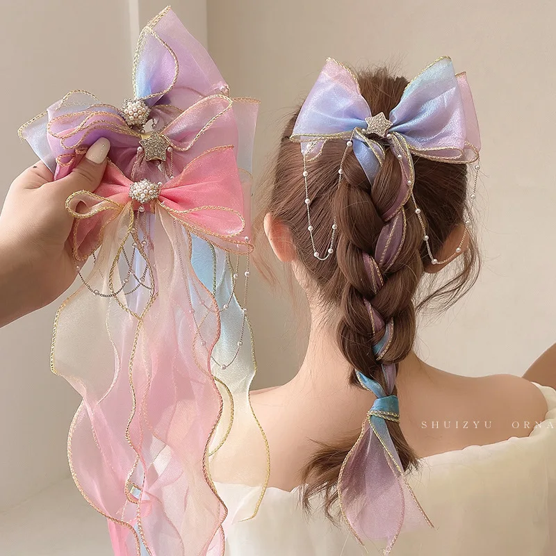 

1Pcs Pearl Bow Headdress Children's Braided Hair Streamer Tassel Streamer Hairpin Hairband Female Tied Hair Summer Hairpin