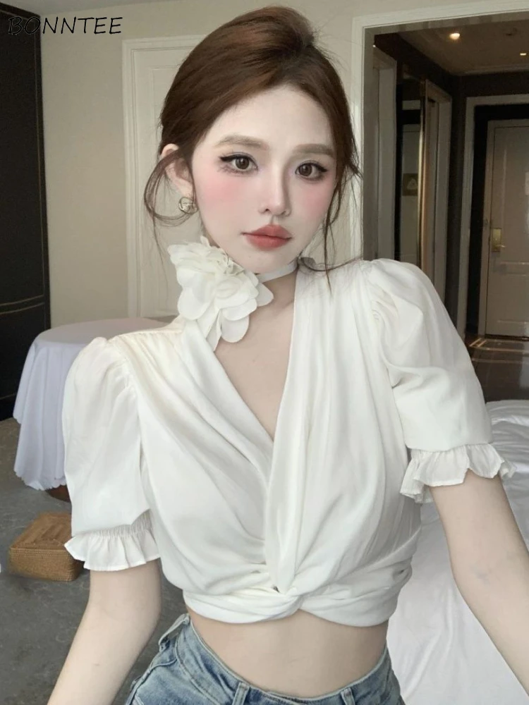 

Blouses Women Creativity Charming Streetwear Tie Flowers Romantic Summer Elegant Popular Holiday Tender Fashion Puff Sleeve New