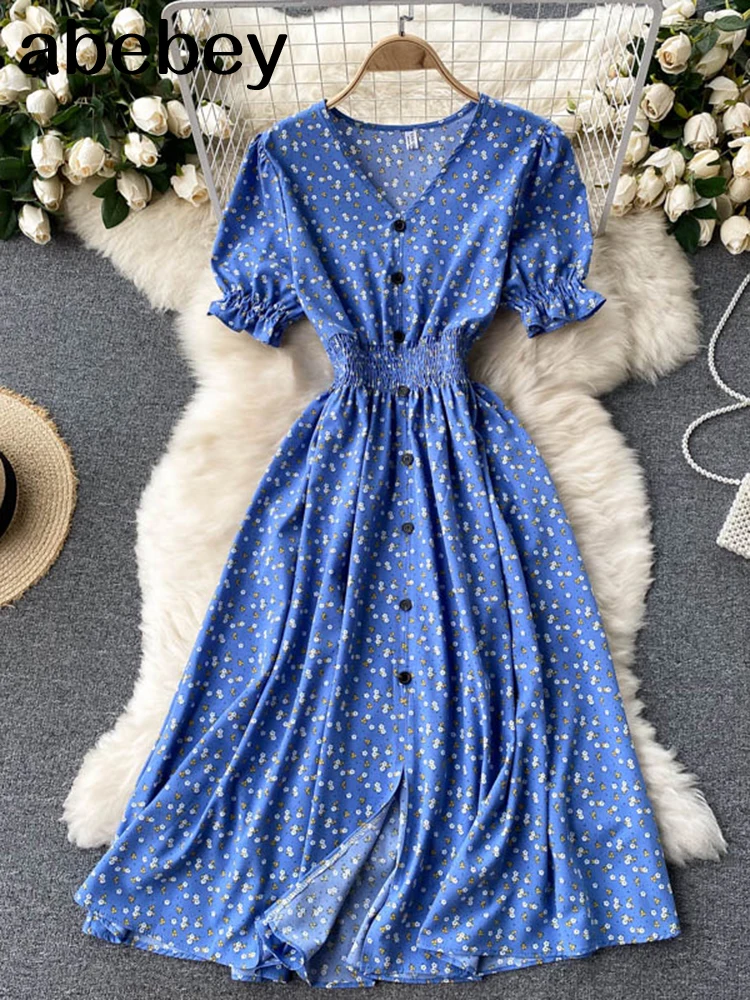 

Vintage button floral print V Neck Long Dress Summer Party elastic waist dress Women elegant tunic split beach dress