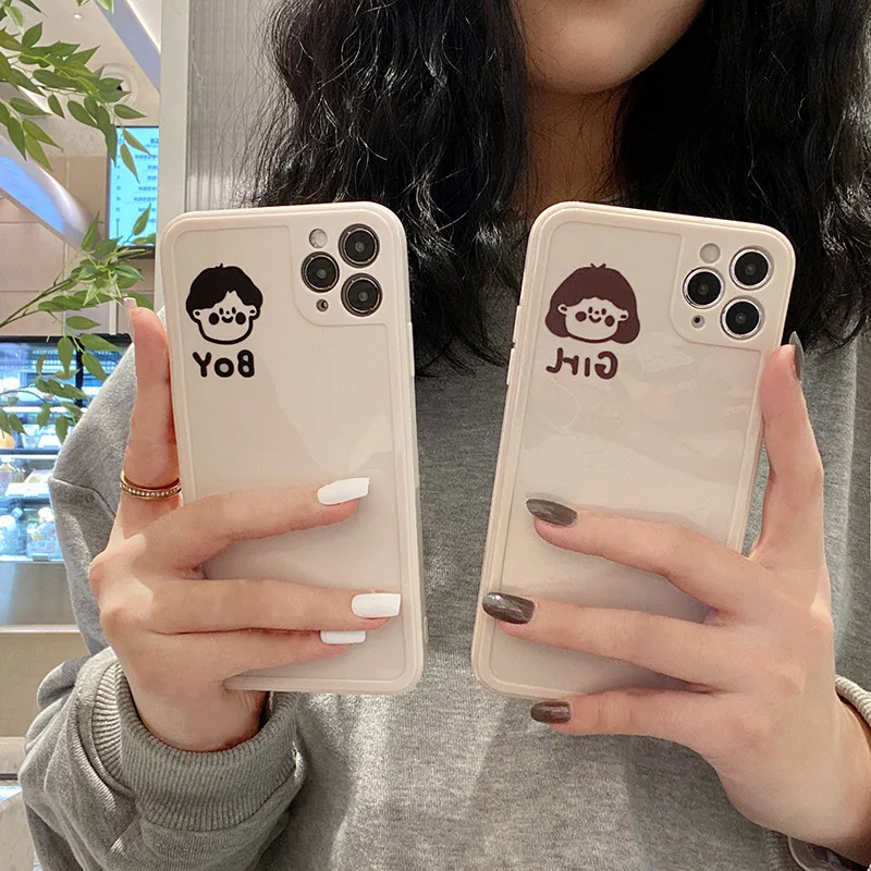 

ins Cute Boy Girl Couple Head Portrait Phone Case For iPhone 12 13 11 Pro Max X Xs Xr 7 8 Plus Anti-fall White Phone Cases Cover
