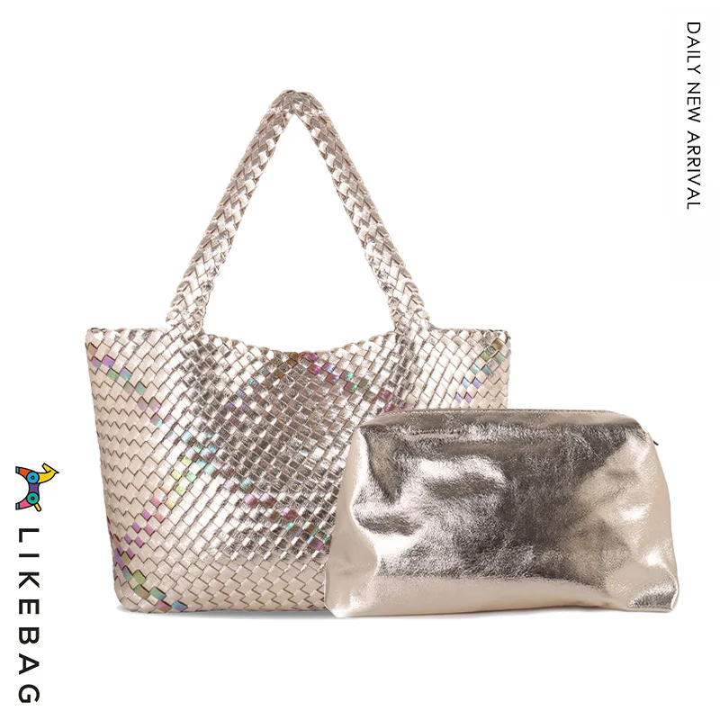 

Ladies Hand Woven Tote Bags Luxury Faux Sheepskin Silver Shoulder Bags Large Capacity Bucket Bags Premium PU Tote Bags