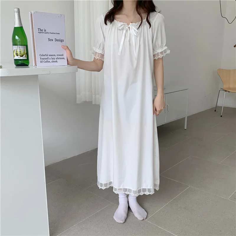 Summer Short Sleeve Nightdress Women Silk Kawaii Nightgowns Elegant White Nightwear Comfy Sleepwear Night Dress Pajama for Lady
