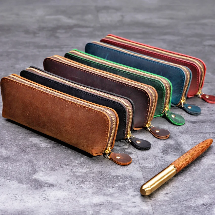 New Crazy Horse Leather Zipper Pen Bag Handmade Leather Pen Bag Creative Fashion Stationery Retro Pen Storage Bag