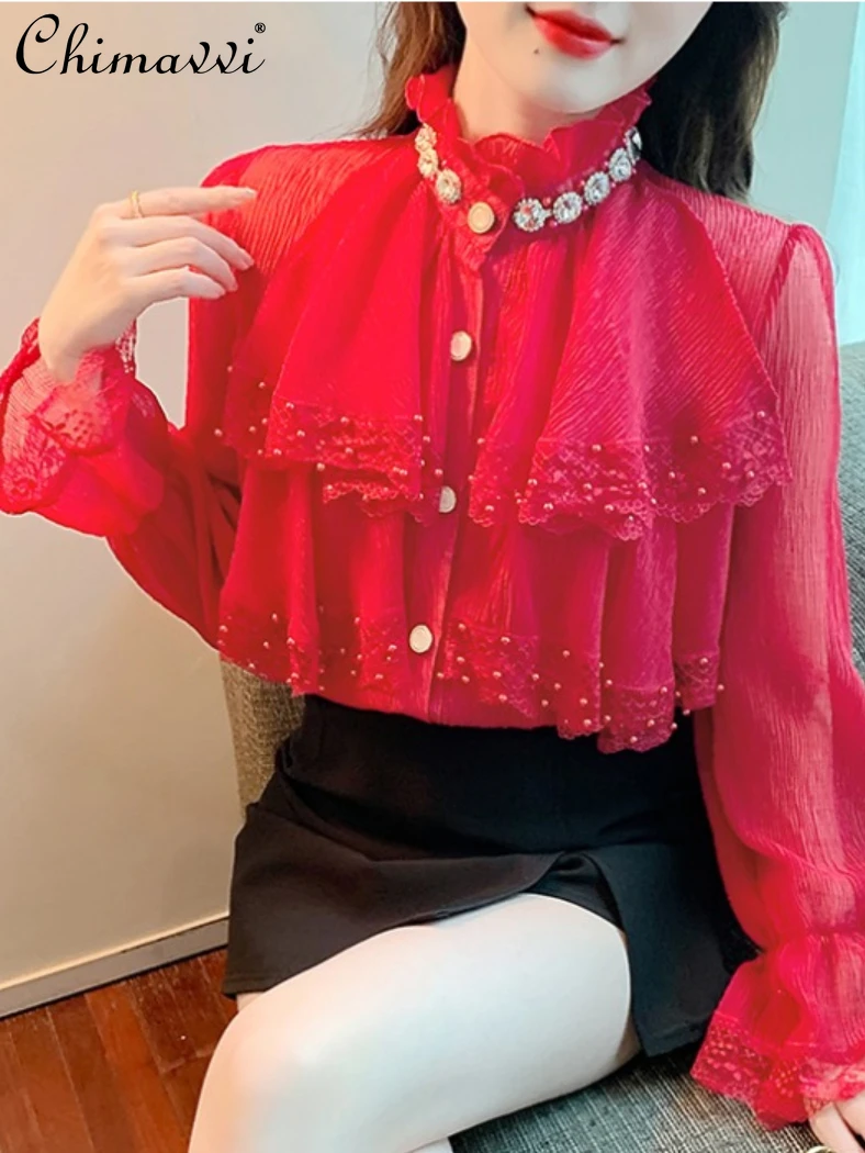 

All-Matching Solid Color Lace Chiffon Patchwork Shirt for Ladies 2022 Summer New Beads Rhinestones Stand Collar Blouse Female