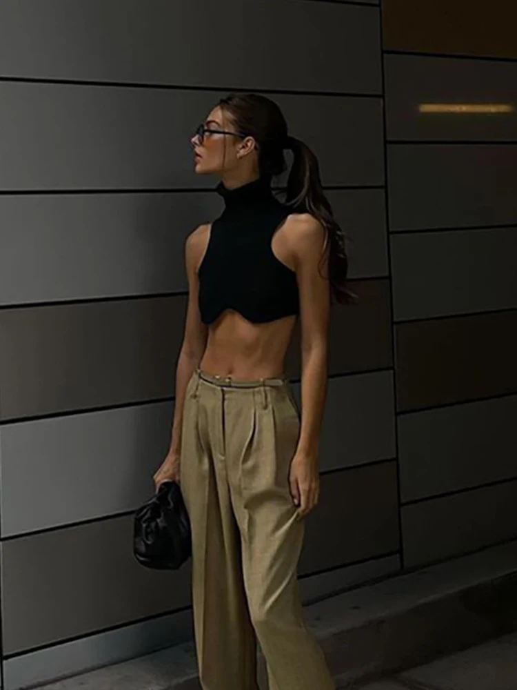 Y2k черный вязаный укороченный топ с высоким воротником женский сексуальный