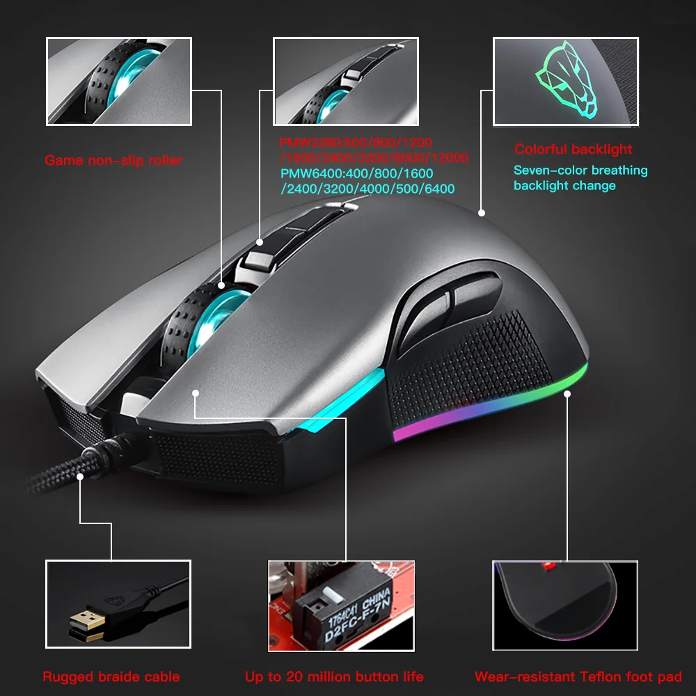 Проводная игровая мышь Motospeed V70 USB с RGB-подсветкой легкая 7 клавиш программирование