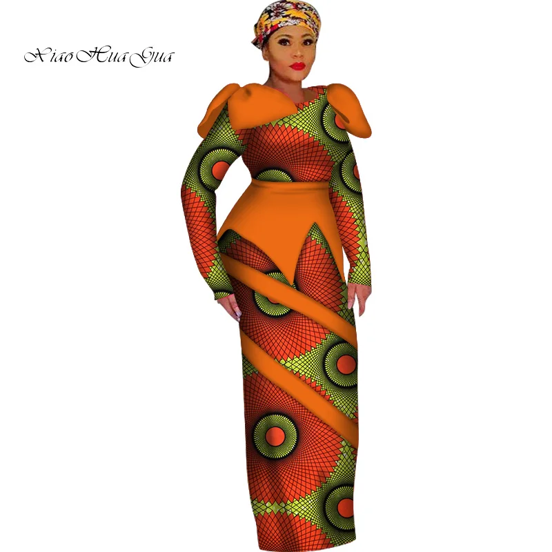 

Fashion Ankara Bodycon Dress Women African Wax Print Robe Africaine Bazin Riche African Long Dashiki Dress with Bowknot WY7010