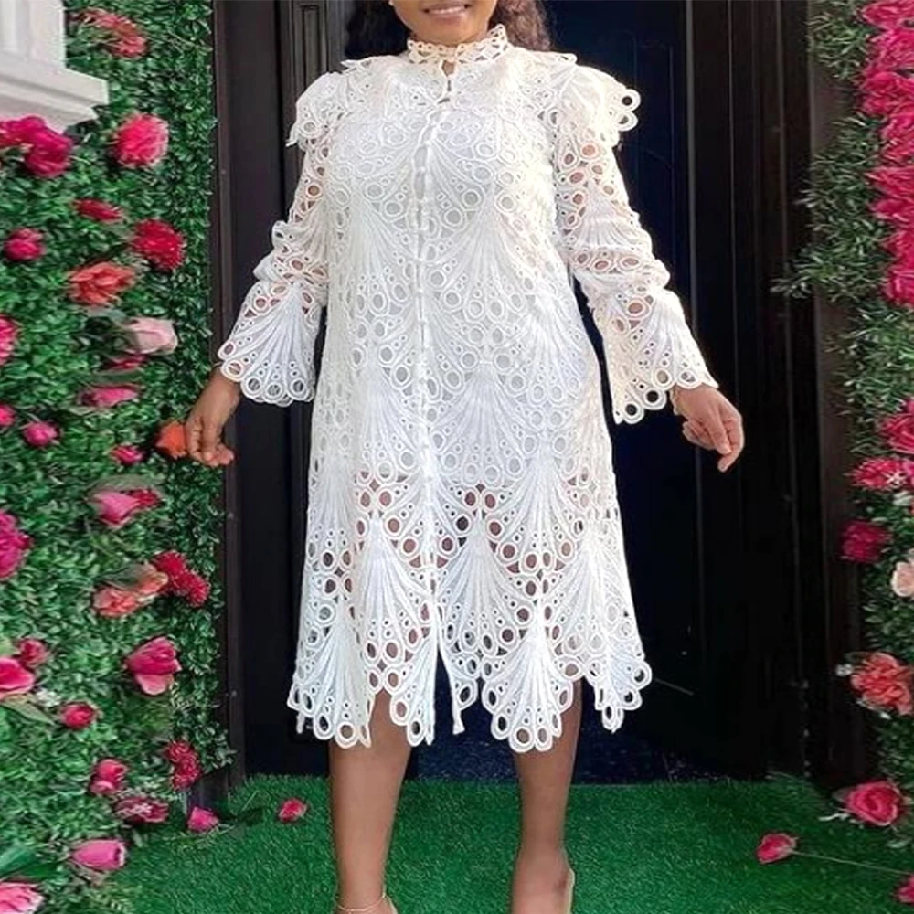 

Lace Dresses for Women Long Sleeves See Through Hollow Out Transaprent Summer Spring Sexy Fashion Christmas Party Dress 2021