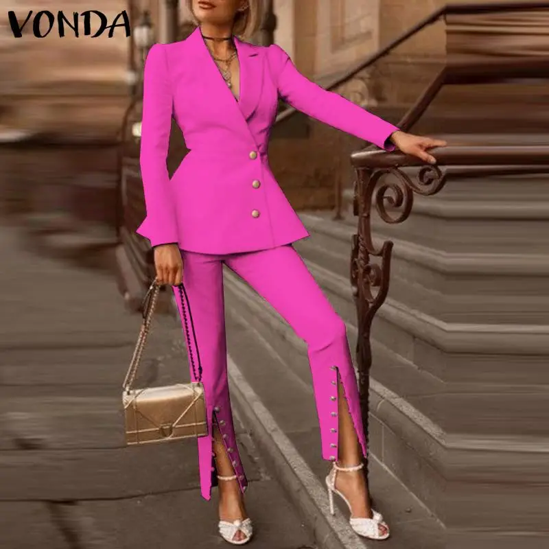 

VONDA 2022 Fashion Long Sleeve Suit Blazer Women Casual Blazer Autumn Matching Sets OL Office Formal Coats Long Trousers Suits