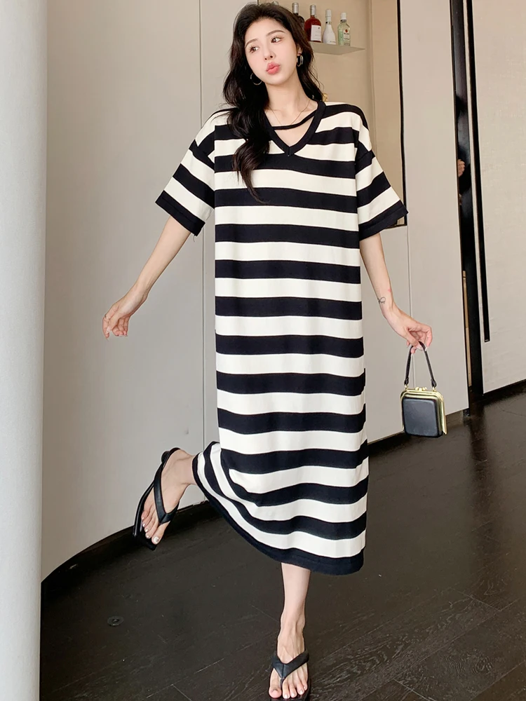 Женское трикотажное платье NYFS свободное с V-образным вырезом и коротким рукавом в