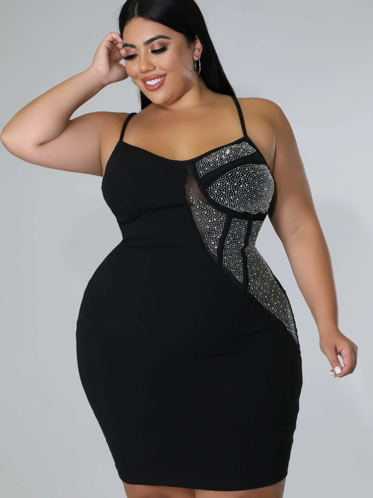 Plus Size Sexy Sling Bodycon Dress Summer Fashion Black Halter Patachwork Diamonds Mini Robes African Clubwear Party Outfit 5XL