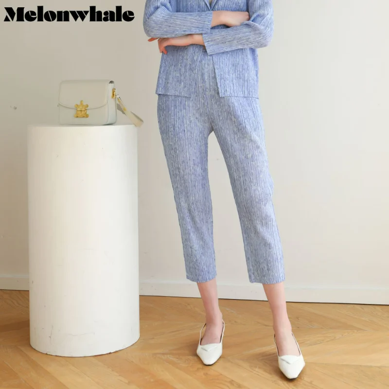 MelonWhale Solid Pants for Women Elegant High Elastic Waist Straight Wide Leg Trousers Casual Female Clothing 2023 Summer