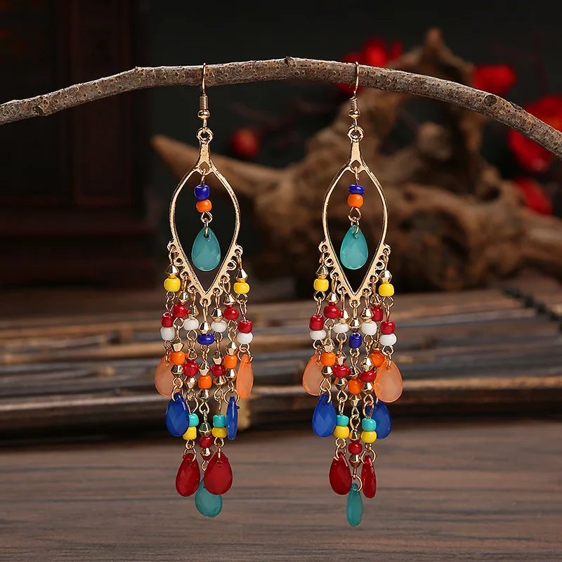 

Layered Rhinestone Drop Earrings Bohemian Rice Bead Tassel Stud Earrings for Women Beach Vacation Jewelry