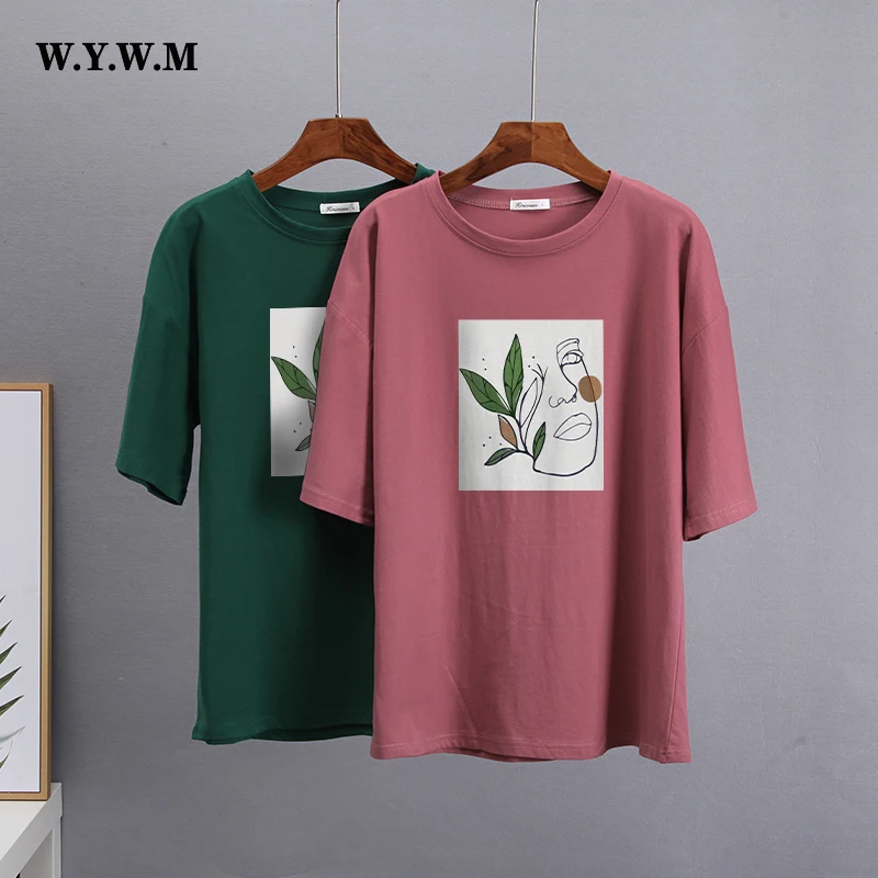 

WYWM Abstract Graphic Printed T Shirt Women Harajuku Loose Plus Size Clothes Summer Aesthetic Tees Soft Cotton Female Tops