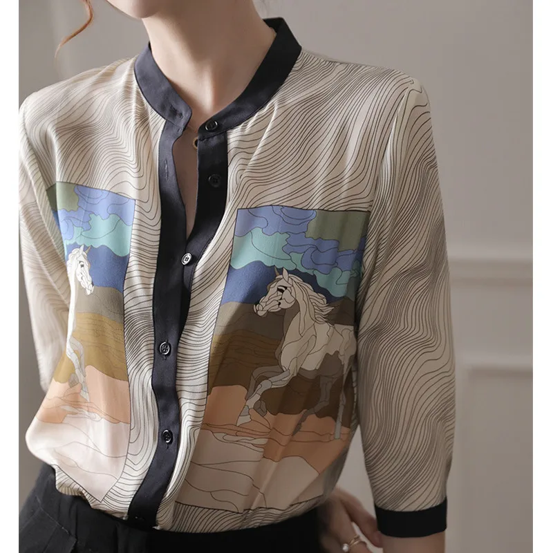 

Рубашка с принтом, Свободный Топ с воротником-стойкой и короткими рукавами, с принтом зебры, рубашка, на лето