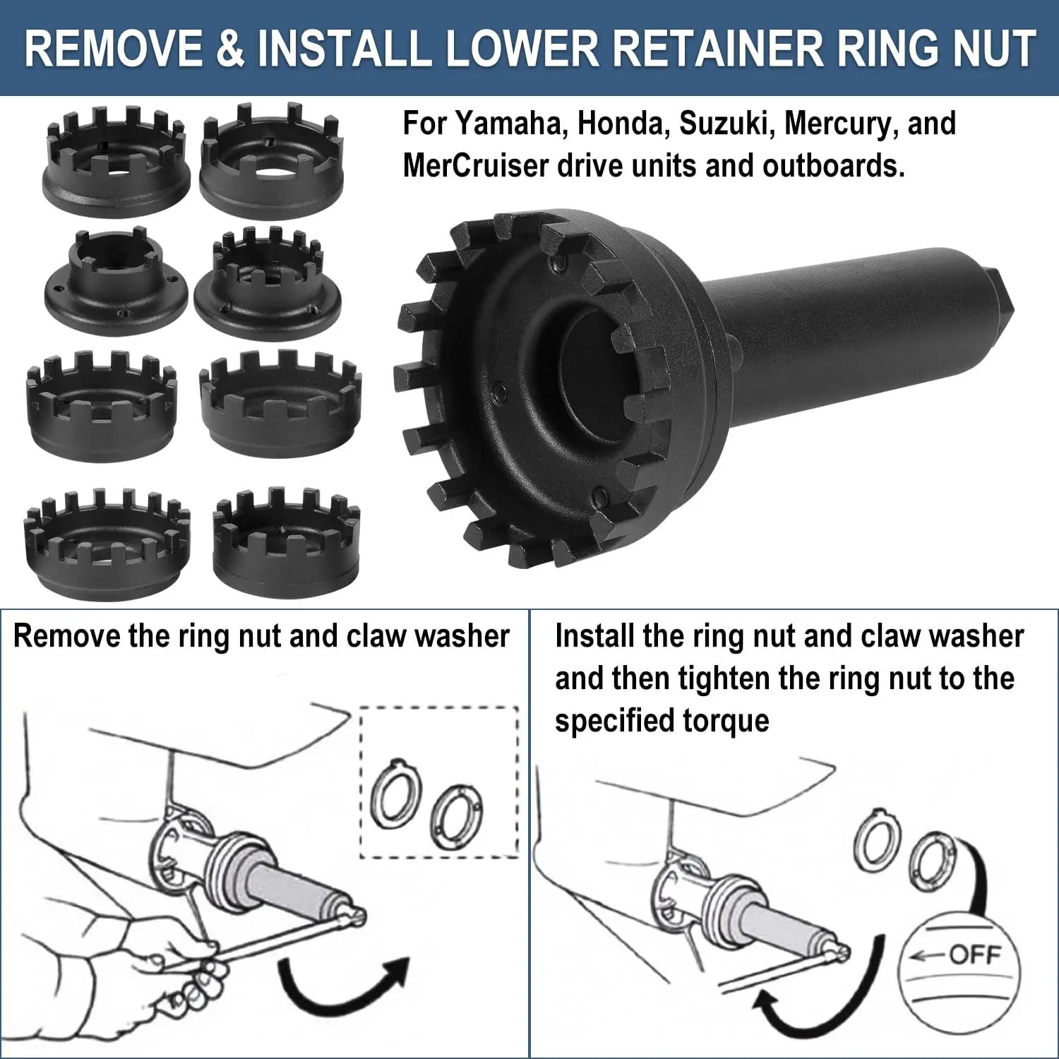 Lower Carrier Retainer Retaining Ring Nut Wrench Tool Kit Fit For Yamaha Honda Suzuki Mercury MerCruiser Drive Units & Outboards enlarge