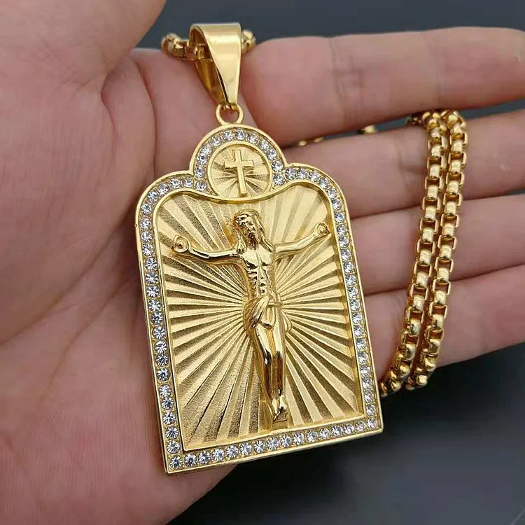 

Trendy Religion Cross Necklace New Titanium Steel Gold-Plated Rhinestones Jesus Cross Pendant Necklace Punk Hip-Hop Jewelry