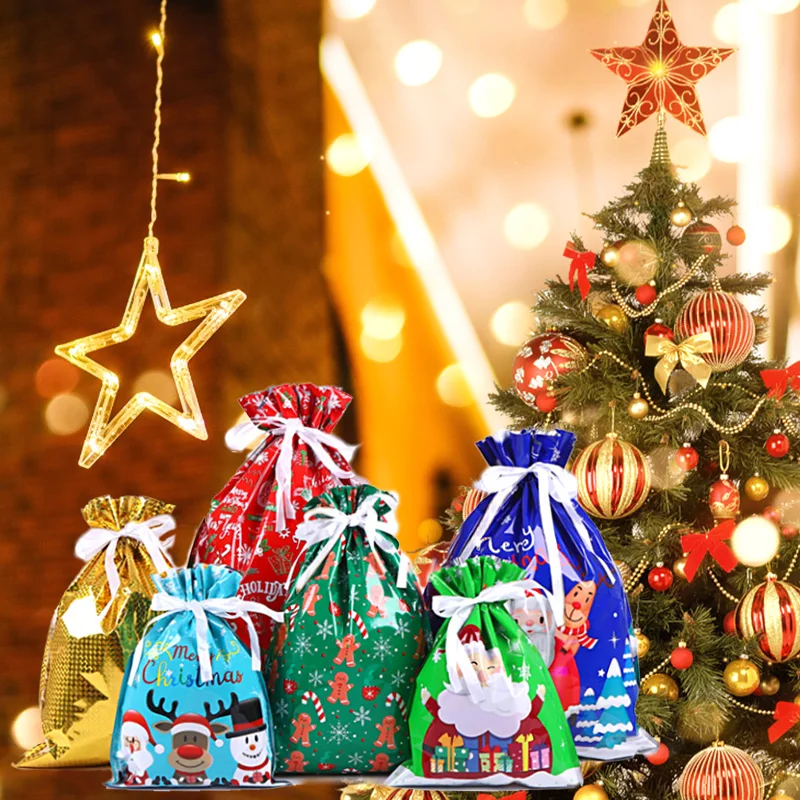 

5Pcs Gift Bags Christmas Decoration Drawstring Gift Bags for Candy Biscuit Cartoon Packaging Plastic Bags Party Supplies